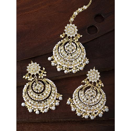 Image of Peora Traditional Jewellery Rhodium Kundan & Pearl Maang Tikka Earring Set for Women Girls
