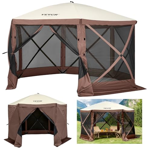 VEVOR Pop Up Gazebo Screen Tent, Pop-Up Instant Gazebo Tents with Mosquito Netting Outdoor Canopy, 6 Sided Sun Shelter 10x10ft with 6 Removable Wind Cloths & 2 Mesh Windows, Pavilion Tent for Patio