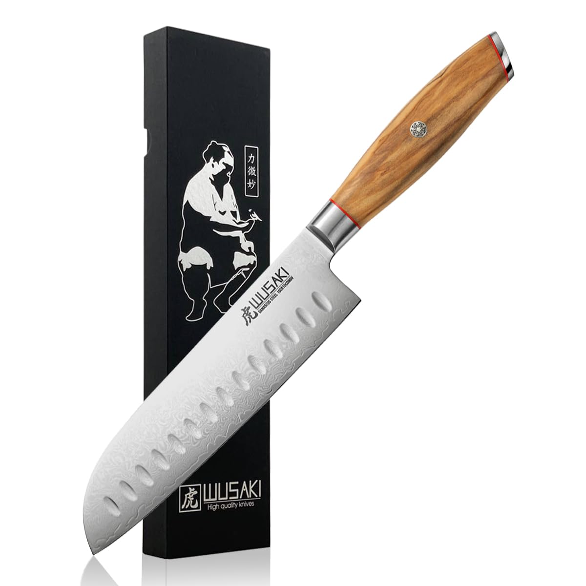 Wusaki Fujiko - Couteau Santoku 18cm design japonais lame damas 10CR manche bois d'olivier - Vendu dans un coffret