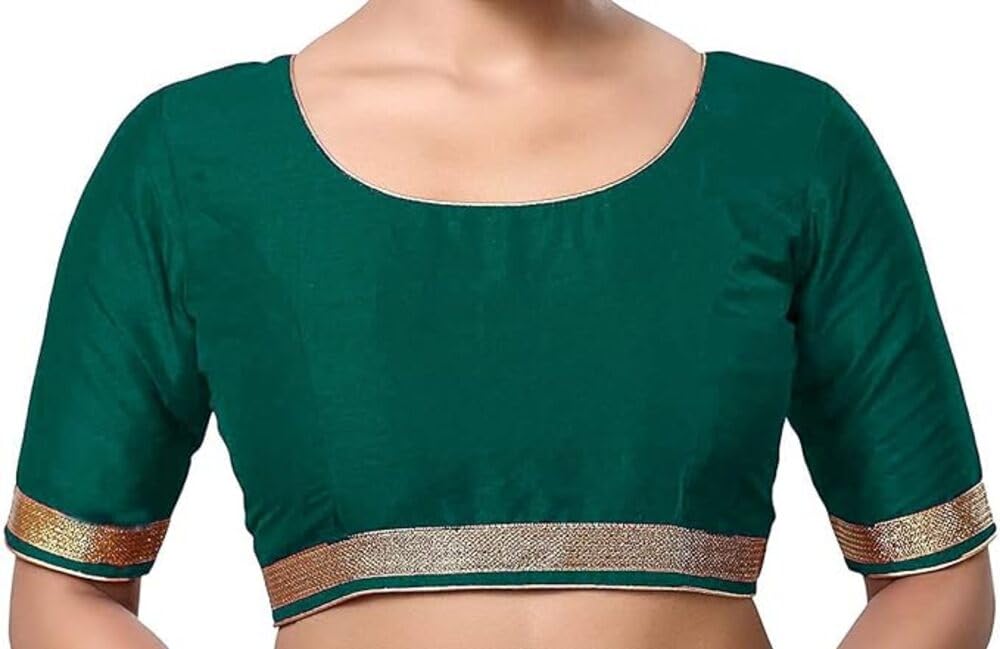 The India's Store Indian Women's Silk Stitched Half Sleeve Saree Blouse Top Dupion Readymade Ethnic Tunic Sari Choli Round Neck Teal