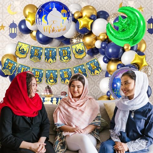 Image of Rozi Decoration Eid Mubarak Decoration Items with Eid Mubarak Foil Balloons, Moon & Star Foil Balloons for Eid Al Adha Mubarak Decorations| Bakrid Mubarak Decoration Pack of 55 Pcs