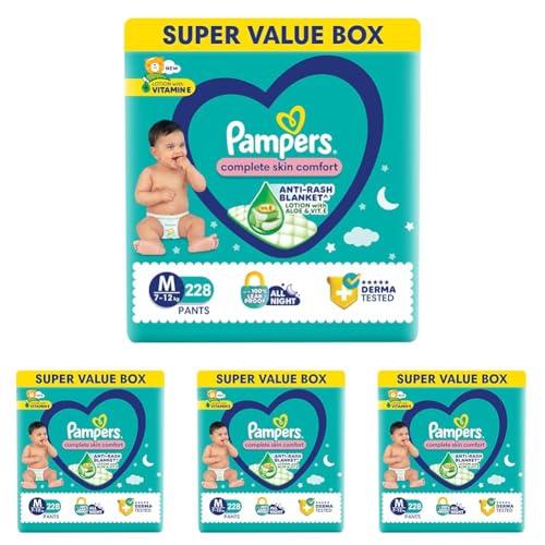 Image of Pampers Complete Skin Comfort Pants, Medium (M) 228 Count, Anti-rash blanket, Lotion with Vitamin E & Aloe Vera, 7-12kg (Pack of 4)
