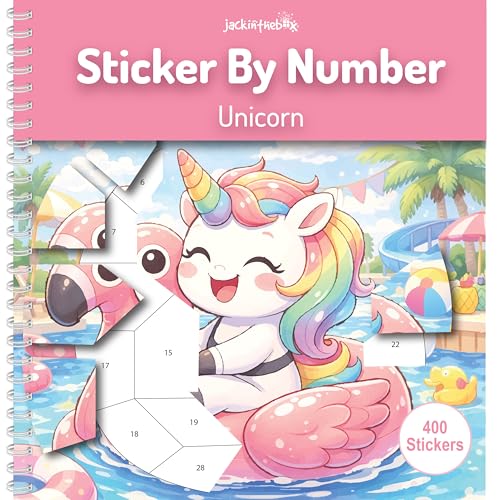 jackinthebox Sticker by Number Book, 12 Scenes Puzzle Paint by Sticker Book + Colouring Pages, Gifts for Birthday, Party Favor Toys for Girls, Arts & Crafts for Kids Age 7 8 9 10 (Unicorn)