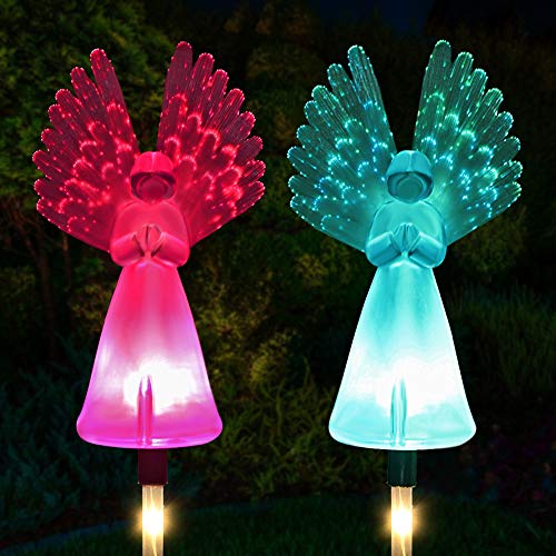 Solar Lights Outdoor - Kearui 2 Pack Solar Stake Light with Fiber Optic