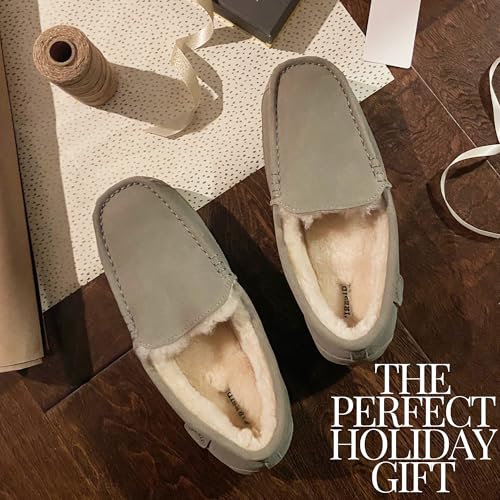 Image of Fireside By Dearfoams Men's Melbourne Genuine Shearling Moccasin Slippers, Memory Foam Sudede Loafers Slip-in House Shoes