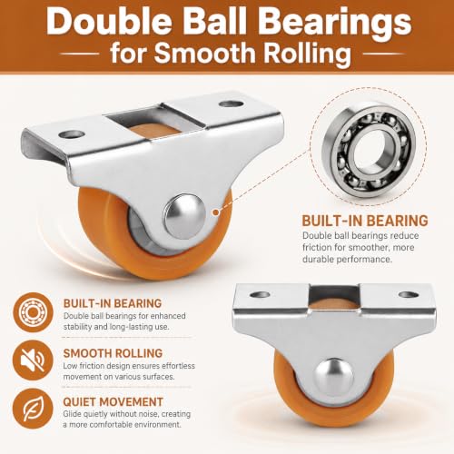 CYEAH Furniture Casters - 24 Pcs Small Caster Wheels, 1'' Metal Top TPE Rubber Low Profile, Heavy Duty Non Swivel, Silent Ball Bearings, for Rolling Cabinet Trundle Bed Drawer