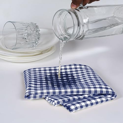 Image of 4 Pack Gingham Check Kitchen Dish Towels 16x26 Inches, Absorbent & Durable, Washable, Hand Tea Towels with Hanging Loop - Ideal for Restaurants & Home Kitchens, Blue White