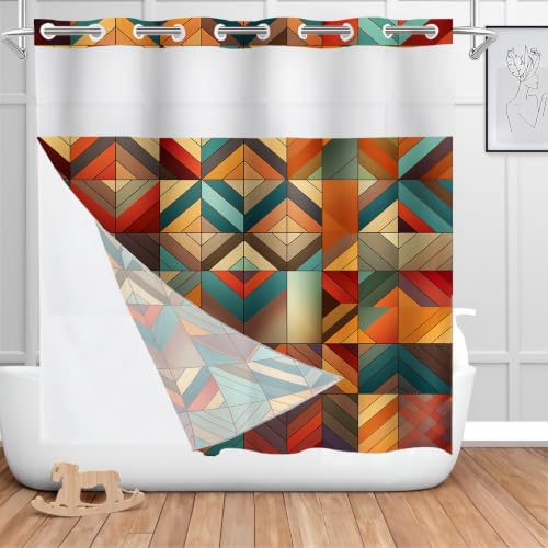 Shrahala Geometric Shower Curtain with Snap in Liner Set, Vivid Intricate No Hooks Stall Curtain Waterproof for Bathtubs Magnetic Hem 71 X 74 in