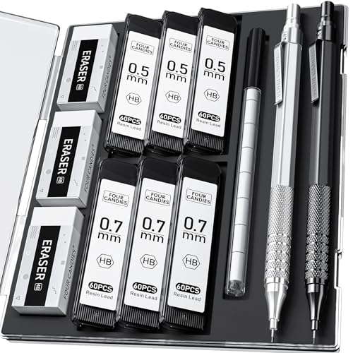 Four Candies 2Pcs Schwarz & Silbrig Metal Mechanical Pencils mit 0.5 mm & 0.7mm Druckbleistifte Set mit Etui mit 360PCS HB Mine Refills 3 Radiergummis 9 Radiergummi Refills für das Schreiben