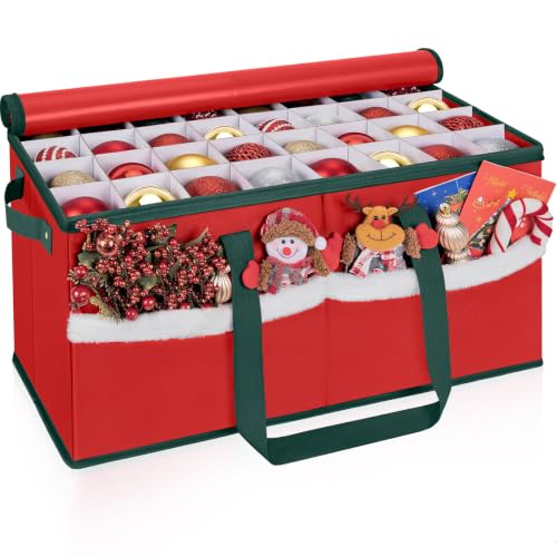 EASBEE Christmas Ornament Storage Box with Adjustable Dividers Zippered Top Stores up to 128 Holiday Ornaments (3 Inch) Xmas Ball Decorations Organizer Storage Container Bin