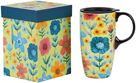 Voltogar Ceramic Mug Travel Coffee Cup Gift with Lid for Home & Office, 17oz Porcelain Tall Tea Cup with Handle, Green Flower Art Pattern Mug in Color Box, 6.5" H