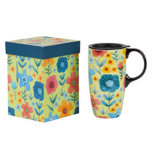 Voltogar Ceramic Mug Travel Coffee Cup Gift With Lid For Home & Office, 17Oz Porcelain Tall Tea Cup With Handle, Green Flower Art Pattern Mug In Color Box, 6.5" H #TOP3