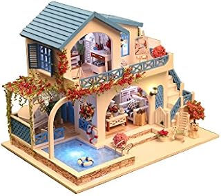Rylai Architecture Model Building Kits with Furniture LED Music Box Miniature Wooden Dollhouse Blue and White Town Series 3D Puzzle Challenge
