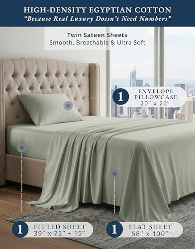 Image of LANE LINEN Twin Mattress Sheets 100% Egyptian Cotton Sateen - Mineral | Twin Bed Sheets For Girls - 3-Piece Set, Ideal For Dorms And Guest Beds, For A Luxurious Night's Sleep, Luxe Sheen