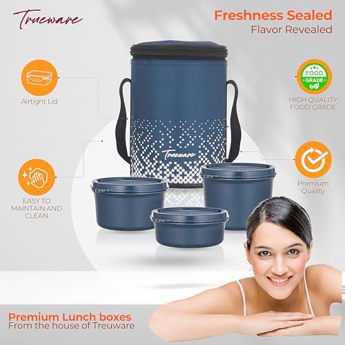 Image of Trueware Omaga Lunch Box with Insulated Fabric Jacket, 3 Microwave Safe & Leak Proof Inner Stainless Steel Containers (1 x 200ml, 1 X 400ml & 1 X 500ml) Tiffin for Office, College