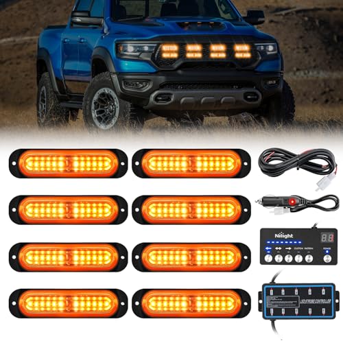 Image of Nilight 8PCS Led Strobe Lights with Controller 12V 24V Sync Feature Amber | 12 LED Surface Mount Emergency Hazard Warning Lights with Strobe Controller for Vehicle Car Truck RV ATV