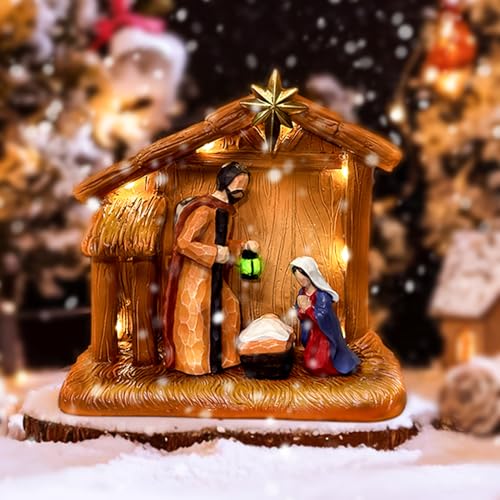 TroupePal Decorations Nativity Set -Nativity Sets & Figures with Manger of Holy Family, Nativity Tabletop Scene Indoor Collectibles Figurines Decor for Xmas with LED Light, 4-Pieces, Faux-Wooden