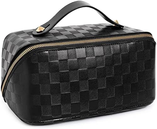 Katadem Travel Makeup Bag,Large Opening Makeup Bag,Portable Makeup Bag Opens Flat for Easy Access, Toiletry Bag,PU Leather Makeup Bag,Large Cosmetic Organizer for Women(Grid-Black)