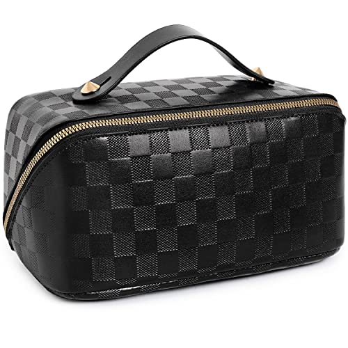 Katadem Travel Makeup Bag,Large Opening Makeup Bag,Portable Makeup Bag Opens Flat For Easy Access, Toiletry Bag,Pu Leather Makeup Bag,Large Cosmetic Organizer For Women(Grid-Black) #TOP2