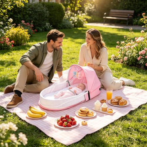 Cuna portátil plegable para bebé con red protectora de lino lavable 3