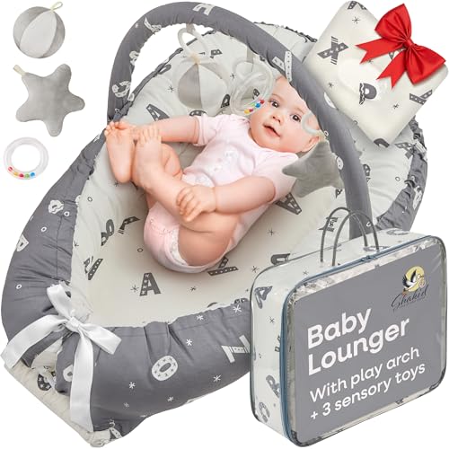 Image of Portable Baby Play Lounger for Supervised Floor Time w/Removable Toy Arch & 3 Toys - Padded Play Area, Breathable Cotton Cover, Travel-Friendly - Awake-Time Only | 0-24 Months (Grey ABC)