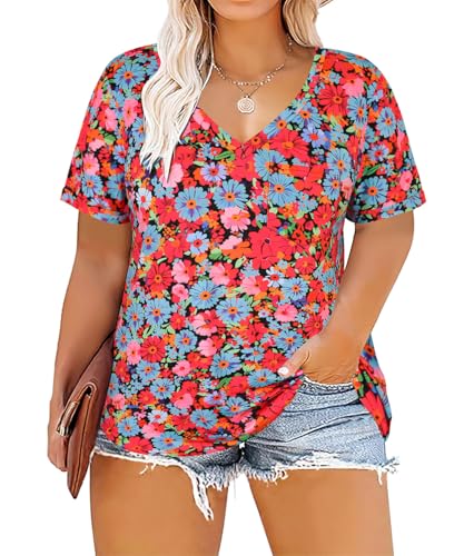 Image of TIYOMI Plus Size Tops for Women V Neck Tshirts Basic Tunic Casual Hawaii Floral Tie Dye Camo Summer Short Sleeve Tee XL-5XL