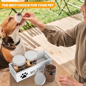   Dog-Treat-Container-for-Countertop-Dog-Food-Storage-with-3-Jars-Pet-Food-Organizer-For-Puppy-Airtight-White-Wooden-Dog-Treat-Storage-With-Lids-Great-Gift-for-Pet-Dog-Owners