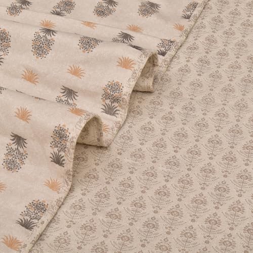 Image of HUESLAND 100% Cotton Reversible Dohar Single Bed Cotton | Soft Cambric Weave, Lightweight AC Blanket for Summer & All Weather Use | 56 x 89 inches, Botanical Fusion - Beige, Grey & Yellow