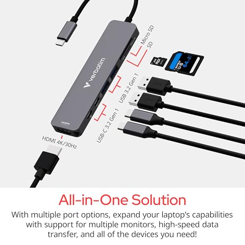 Image of Verbatim USB-C Essentials Multiport Hub - 7 Ports: (2) USB-A 3.0 /3.2 Gen 1, (2) USB-C 3.0 /3.2 Gen 1, SD and Micro SD Card Slots with 4K HDMI and Up to 100W Power Delivery | 7-port USB-C hub with 100W power delivery and HDMI for data transfer, multi-display support and multitasking