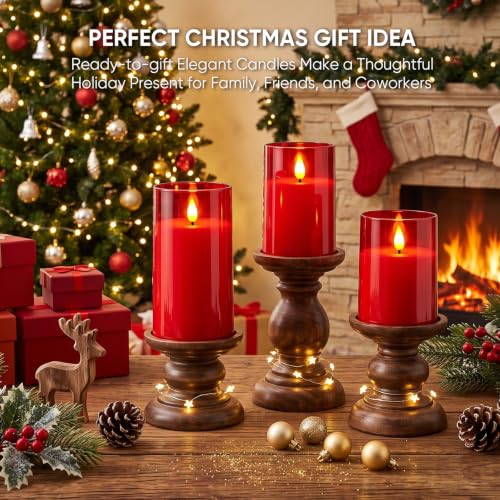 Image of Raycare Battery Operated Flameless Pillar Candles with Remote Timer, Red | LED Acrylic Candle with Warm Ambience for Christmas Celebrations, Valentine's Day Dinners, Romantic Table Settings, Set of 3