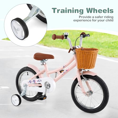 Image of BABY JOY Retro Kids Bike, 12 14 16 18 Inch Child Bike for 3-8 Years Old w /Rattan Basket, Adjustable Height, Training Wheels, Fenders, Handbrake Coaster Brake, 95% Pre-Assembled Kids Bicycle for Girls
