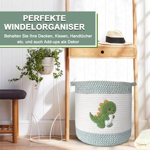 Aufbewahrungskorb Kinder aus Baumwolle - 30,5 x 30,5 cm Spielzeug-Aufbewahrungskorb mit Griff Gewebter Wäschekorb Deckenkorb, Baumwollseil mit niedlichem Gesticktem Dinosaurier für Kinderzimmer Wäsche