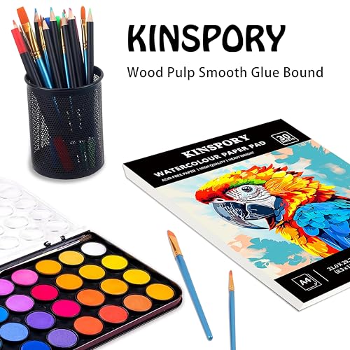KINSPORY Aquarellpapier A4 mit 30 Blatt - 300gsm Aquarellblock, kaltgepresstes Textur-Aquarellpapier, Skizzenbuch, Wasserfarben Papier für Malerei, Zeichnung, Skizzen und Mischtechnik - 21 x 29,7 cm