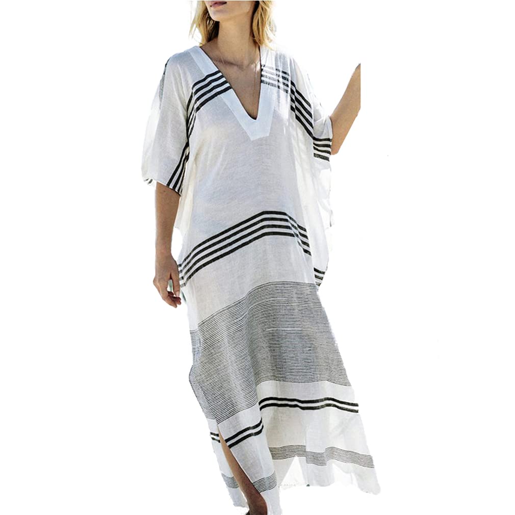 Women's Swimsuit Cover Up Dress Long Bathing Kimono Beach-wear Stripe Skirt Boho Loose (White Black)