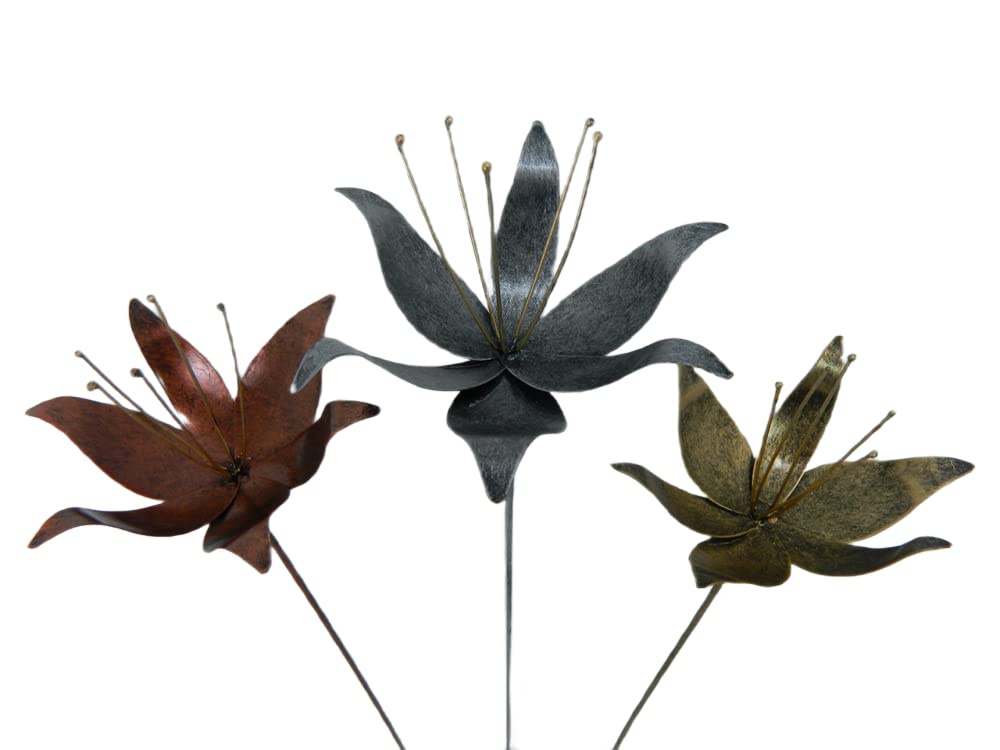 Thai Gifts Set of 3 Handcrafted Metal Lily Flowers - Mixed Colours, 100cm Tall Unique Garden Stakes for Pots & Borders - Durable, Handcrafted Outdoor Decorations - Fairly Traded Garden Art
