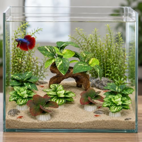 Image of 9-Pack Silk Aquarium Plants & Driftwood Cave Fish Tank Decor Accessories | Soft Silk Plants Aquarium Decorations, Fish-Friendly, Small Fish Tank Decorations for Betta, Shrimp, Cichlid Tank & Reptiles