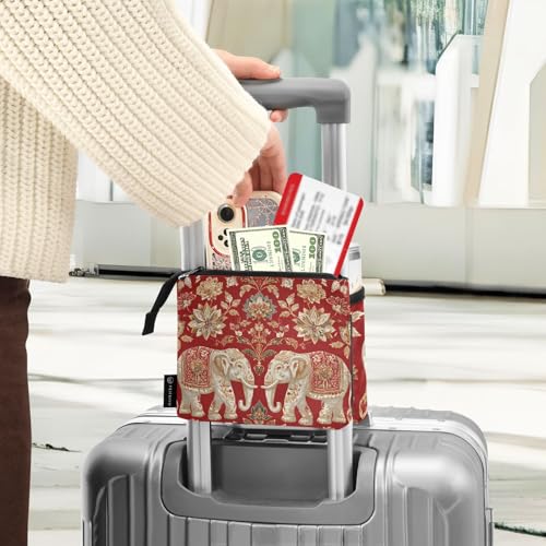 Image of Luggage Cup Holder for Suitcases Free Hands Suitcase Cup Holder Travel Luggage Drink Holder Portable Luggage Cup Caddy Bag Carrier with Handle Red Retro Elephant Flowers