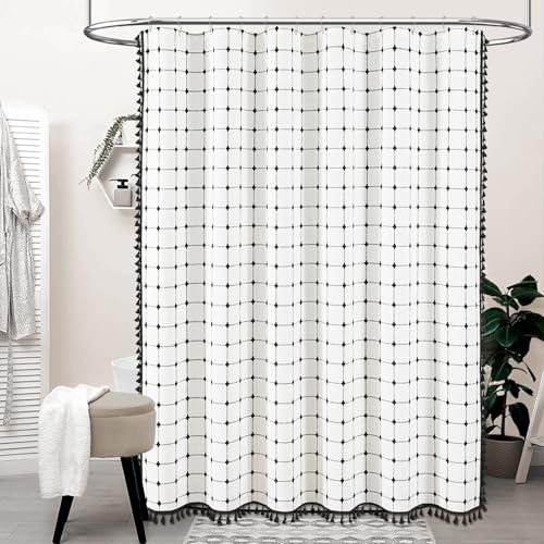 Image of BTTN Extra Long Shower Curtain - 72x84 Inch Long Boho Chic Tassel Linen Fabric Shower Curtain Set with Hooks, Modern Farmhouse Elegant Heavy Duty Cloth Shower Curtains for Bathroom - White and Black