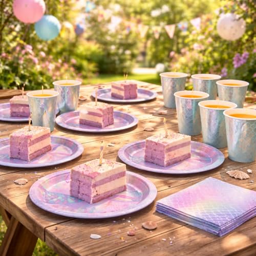 Image of Wanna Party 40Pcs Mermaid Theme Birthday Decorations Under the Sea Party Tableware Includes Mermaid Plates, Mermaid Napkins and Mermaid Cups for Mermaid Theme Party Decorations
