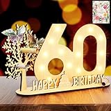 Originelle 60 Geburtstag Geschenk Mädchen & Jungen - 60 Geldgeschenk Geburtstag mit LED Lichterkette - 60 Geburtstag Deko Holz-Schild 'HAPPY BIRTHDAY' Ständer & Gästebuch-Personalisierbares Geschenk