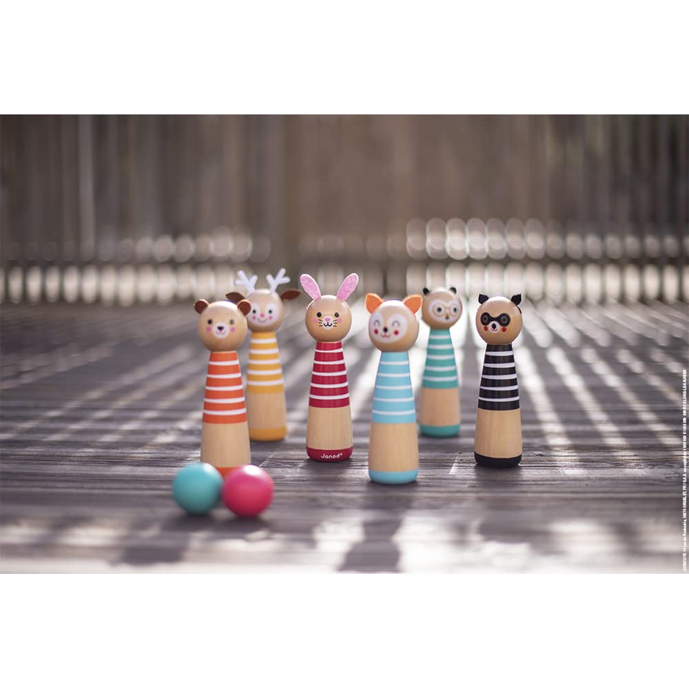 Janod - Mes Premières Quilles Happy Garden - Jeu de Plein Air pour Enfant - 6 Quilles et 2 Boules en Bois - Dès 3 Ans, J03200
