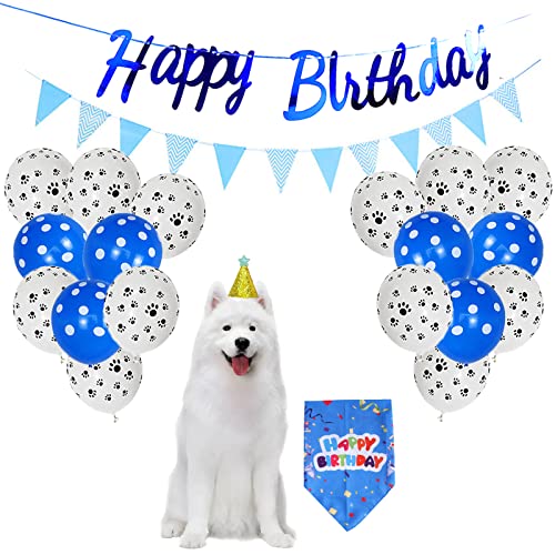 Decoraciones para fiestas de cumpleaños para perros, gatos, suministros para banderas de cumpleaños, globos con estampado de huellas de mascotas Cover