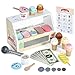 WHOHOLL Wooden Ice Cream Counter Playset for Toddler Girl Toys, Play Store Pretend Toy Food Play Kitchen Accessories with Fake Money & Coin, Gifts for 3-8 Year Old Kids
