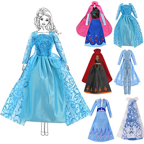 Frozzzen Doll Clothes and Dress - 6 Set Queen Snow Princess Dress for 11.5 inch Doll Clothes Accessories, Classic Barbi Dolls Dresses Frozzen Toys for Girls Dress Up Dolls Party Surprise Girl Gift