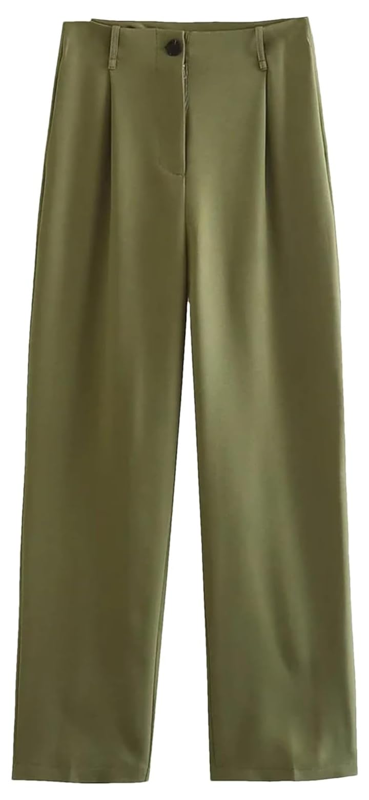 Womens Solid Color Pleats Straight Pants Office Zipper Fly Long Trousers