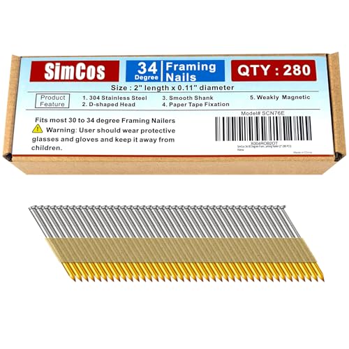 SimCos 34-30 Degree Framing Nails 304 Stainless Steel D Head Paper Tape Strip Nails for 30 to 34 degree Framing Nailer (2"-280 PCS)