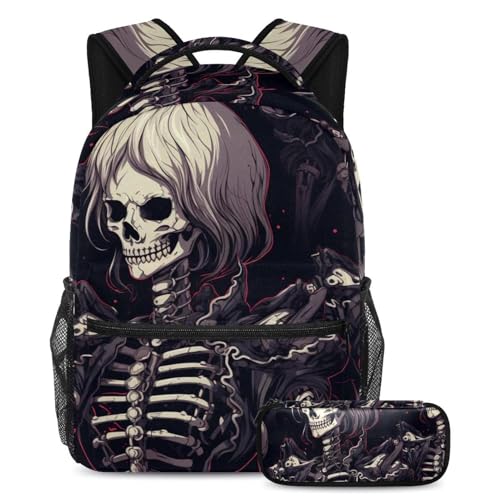Sac à dos motif tête de mort de style foncé résistant pour écoliers