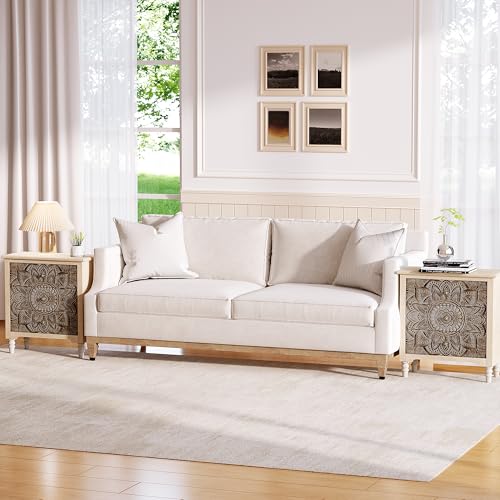 Image of SUNBURY Vintage Wooden Nightstand with 3 Drawers, Wood Accent Table, Elegant Bedside Table Dresser for Bedroom, Living Room (Lotus)