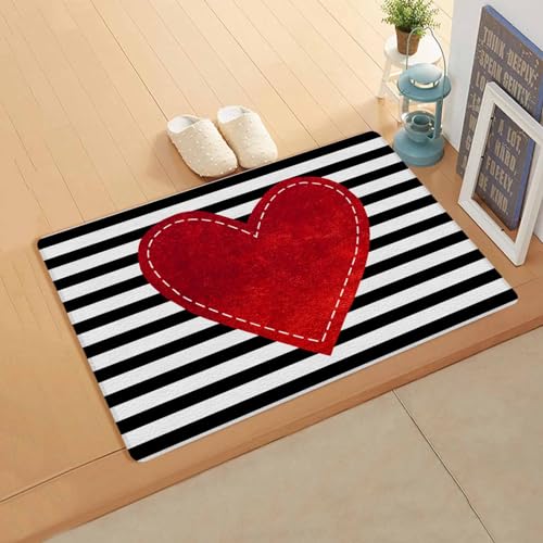 Red Love Kitchen Bath Door Mat Cushioned Runner Rug,Washable Welcome Floor Sink Antifatigue Mat,Waterproof & Non-Slip Comfort Standing Doormat,Valentine's Day Black Geometric Stripes 18