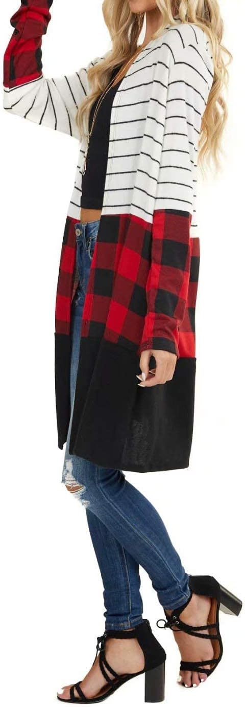 Dressmine Womens Long Cardigan Open Front Buffalo Plaid Shirt Knitted Coat Outwear Maxi Sweater Trendy 2025 Tops - Image 5